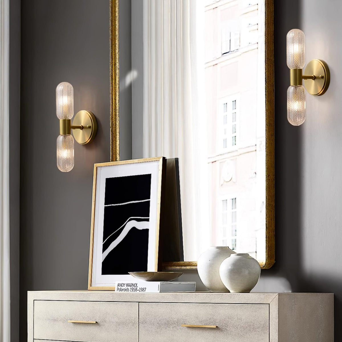Evania Brass and Textured Glass Double Light Wall Sconce