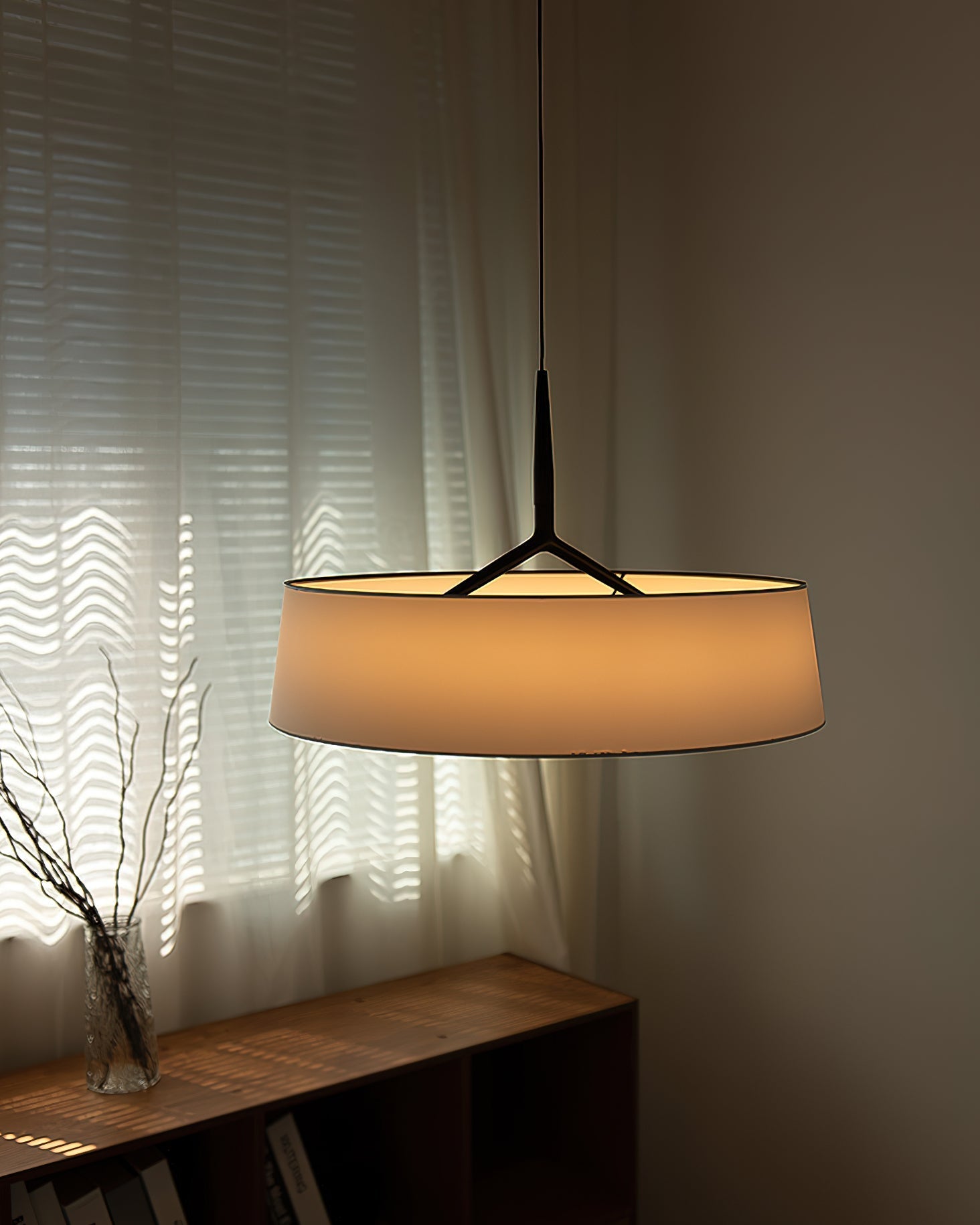 Pendant Lamp White Fabric Drum Black Stem Sleek Modern