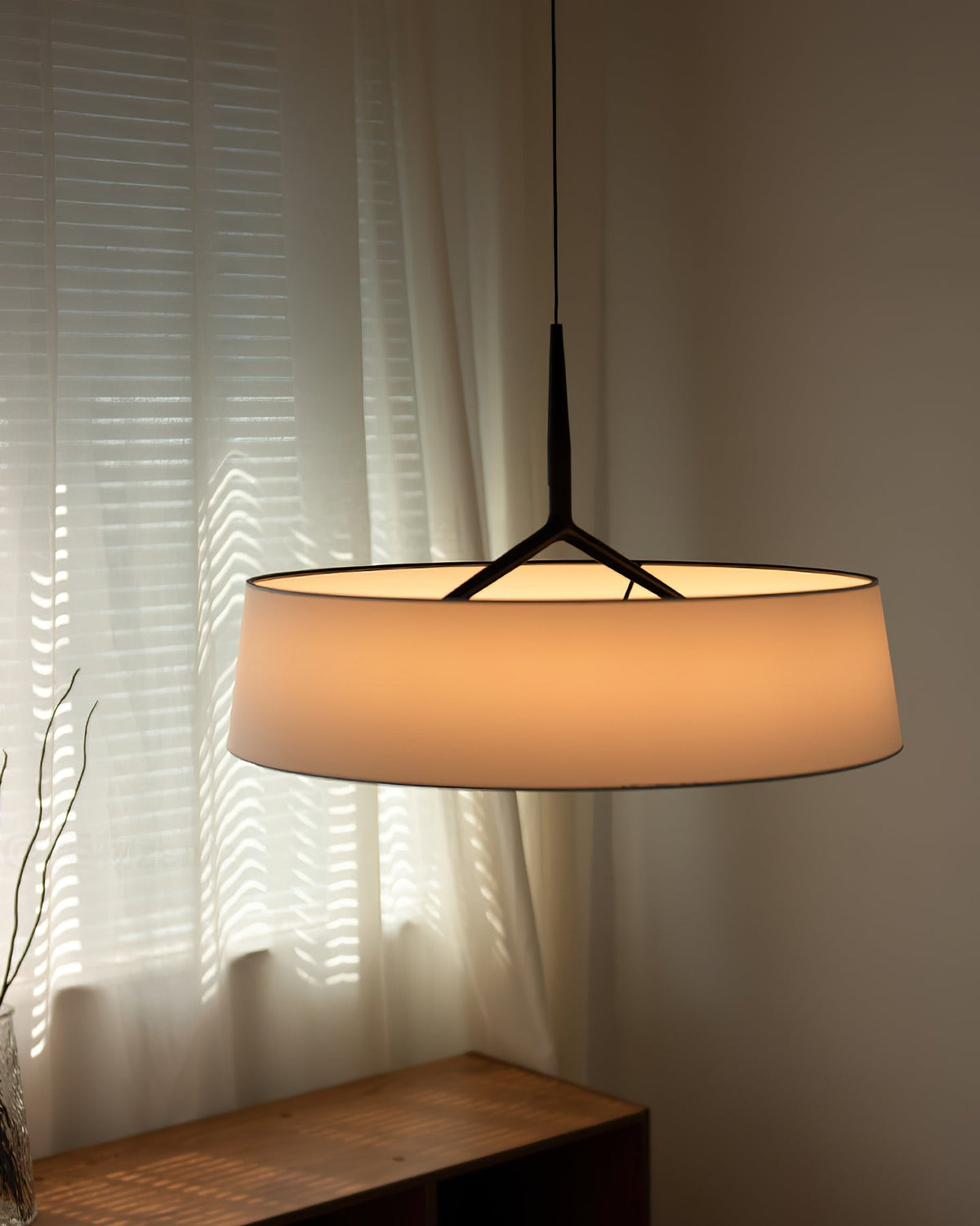 Pendant Lamp White Fabric Drum Black Stem Sleek Modern