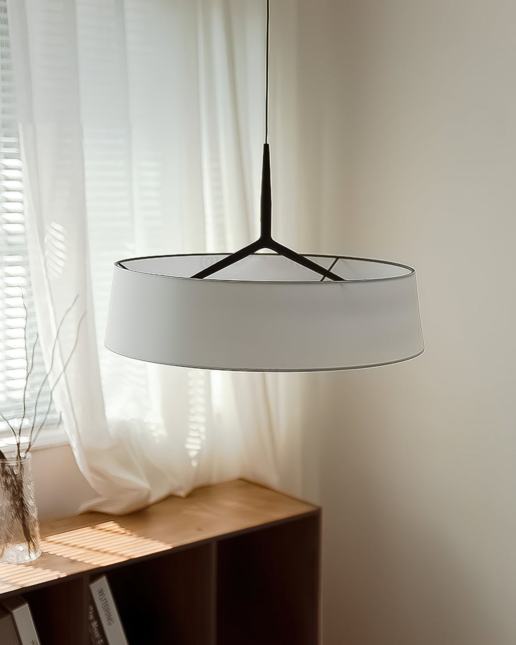 Pendant Lamp White Fabric Drum Black Stem Sleek Modern