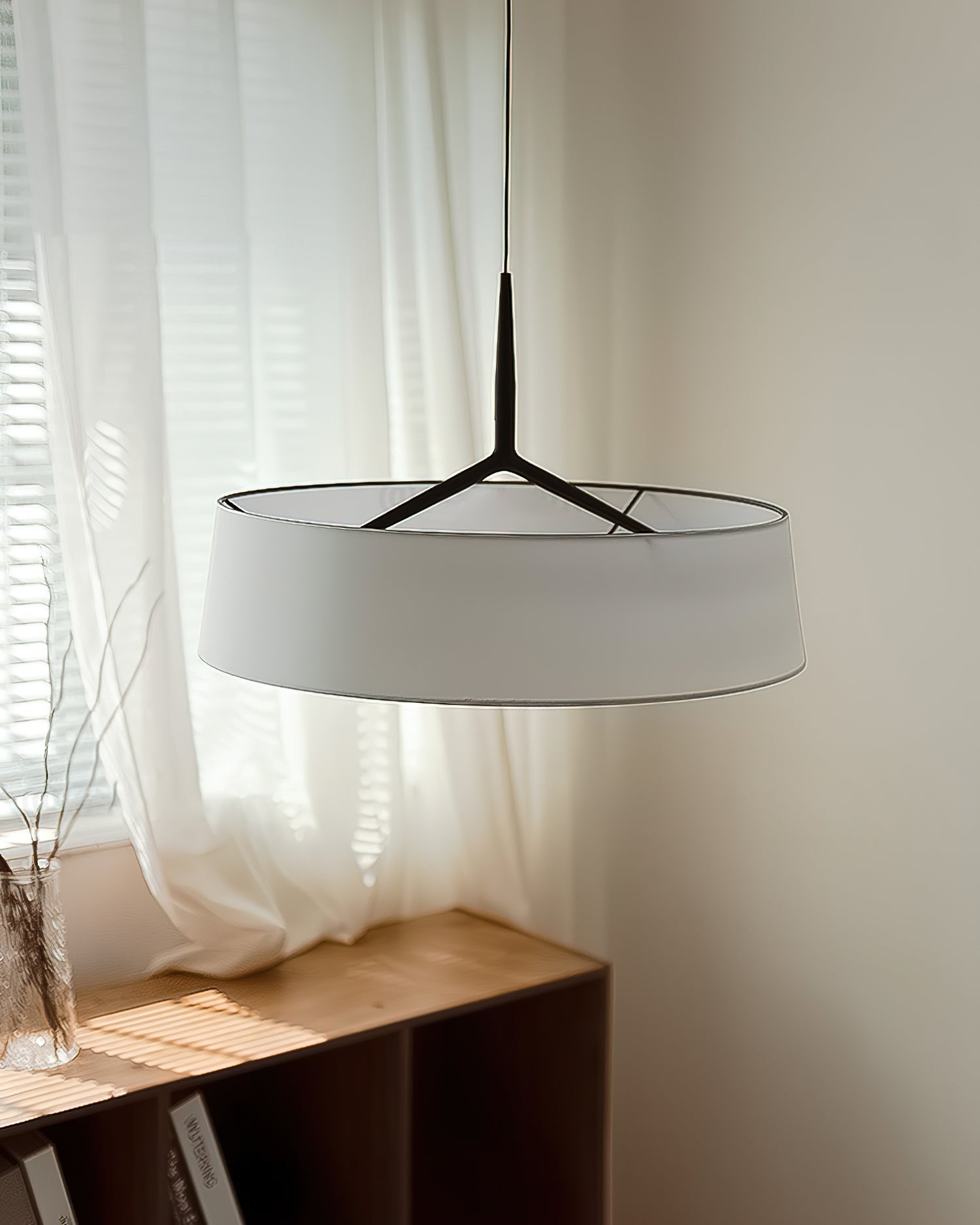 Pendant Lamp White Fabric Drum Black Stem Sleek Modern