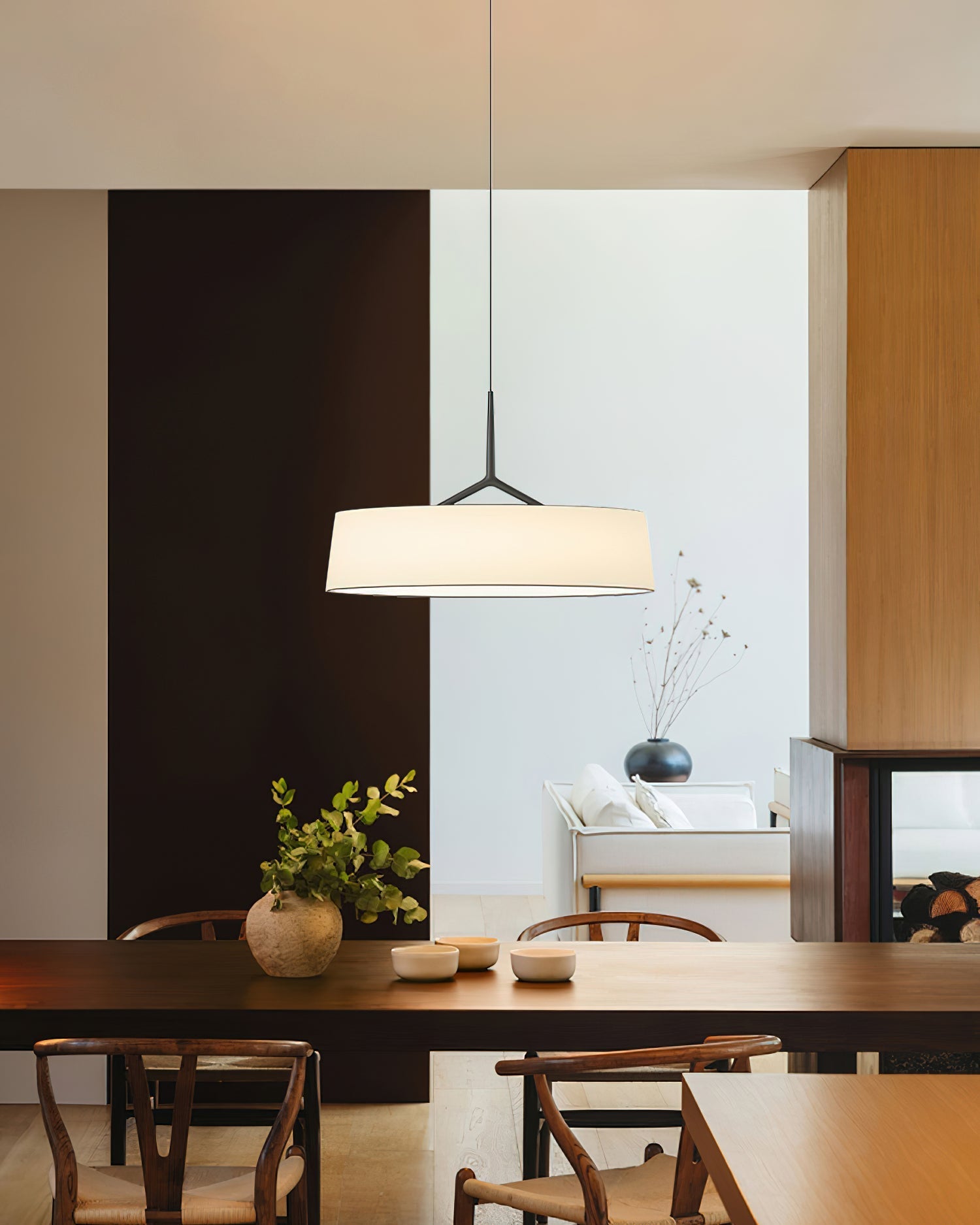 Pendant Lamp White Fabric Drum Black Stem Sleek Modern