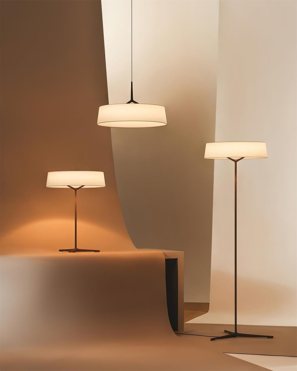 Pendant Lamp White Fabric Drum Black Stem Sleek Modern