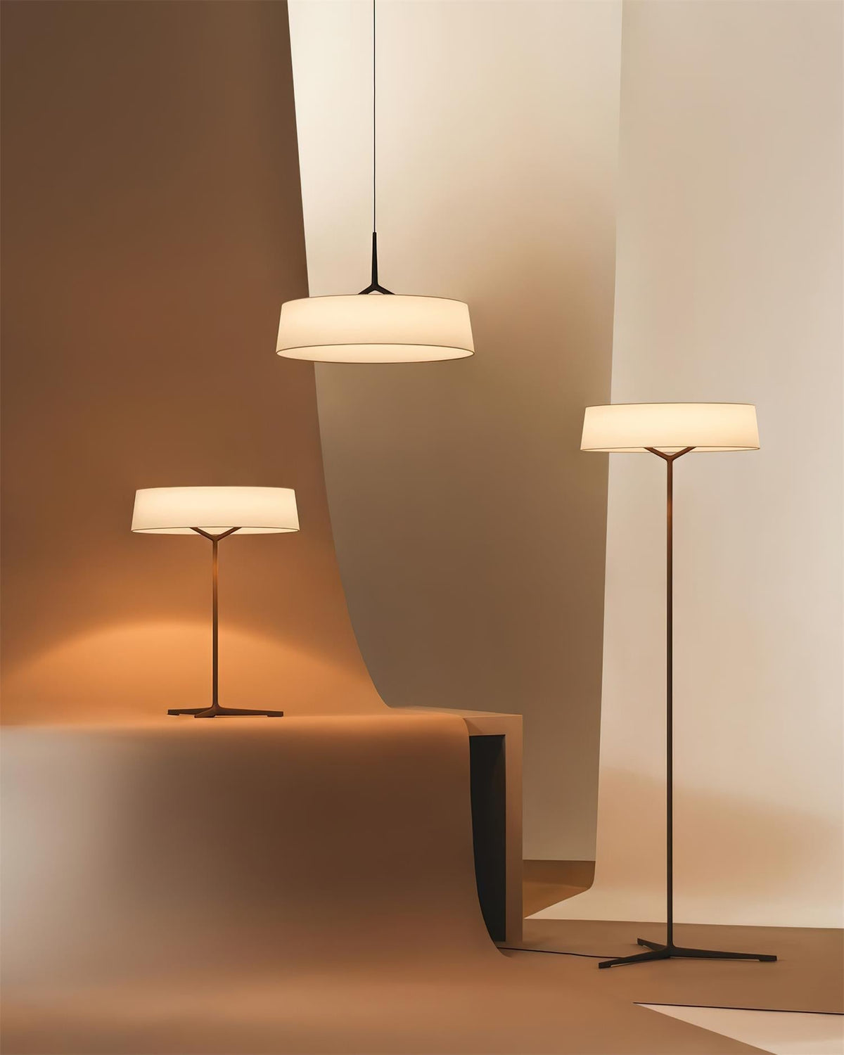 Pendant Lamp White Fabric Drum Black Stem Sleek Modern
