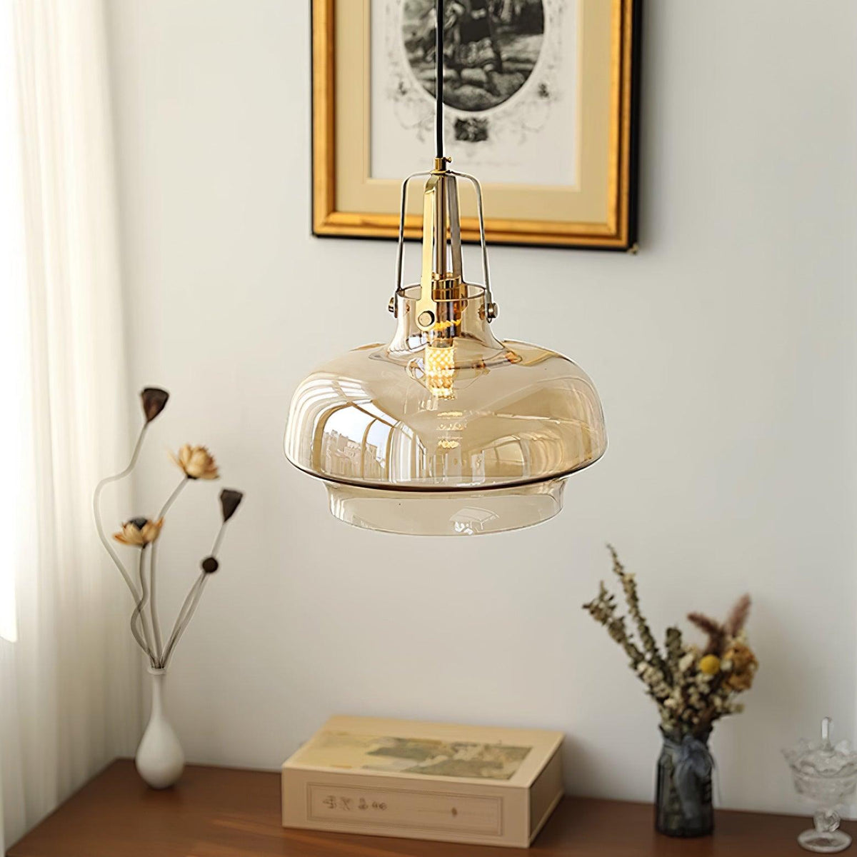 Aurelin Amber Glass Pendant Light with Brass Fittings