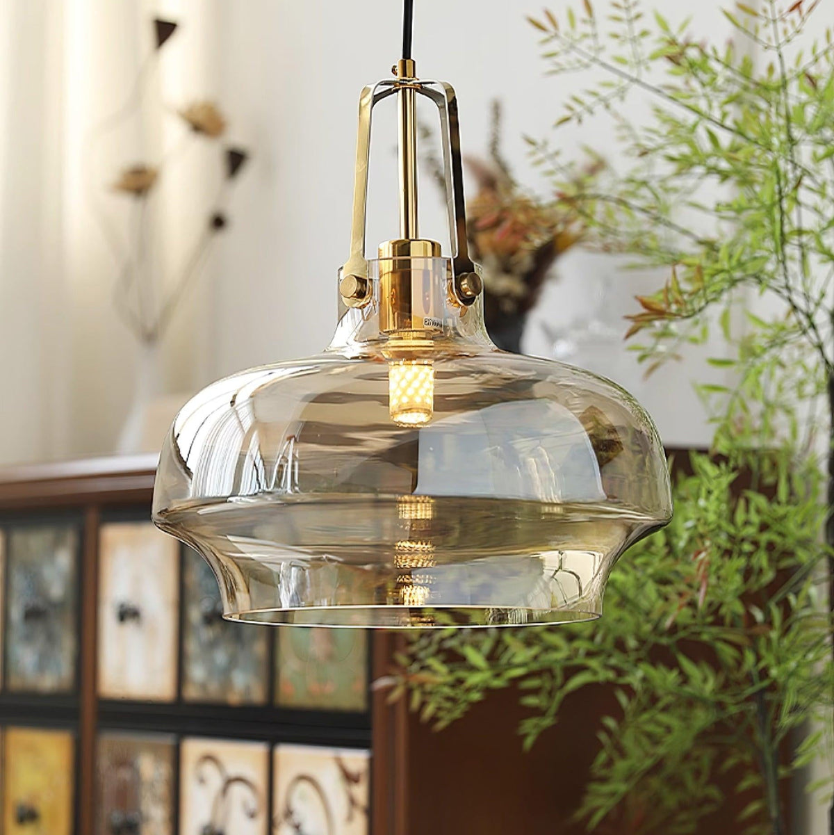 Aurelin Amber Glass Pendant Light with Brass Fittings