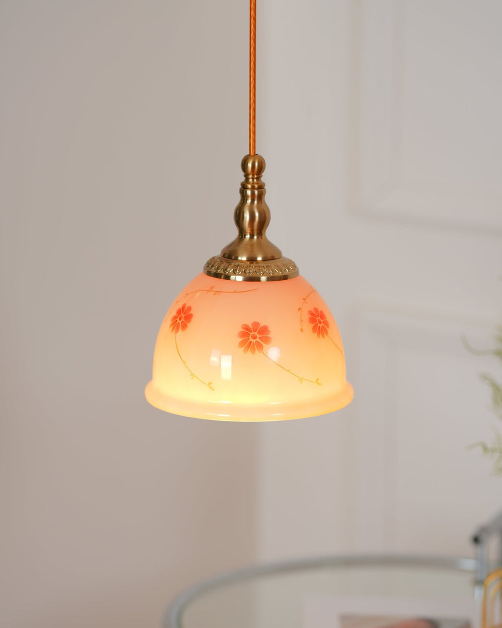 Pendant Lamp Brass and Glass Floral Pattern Dome Shade Vintage