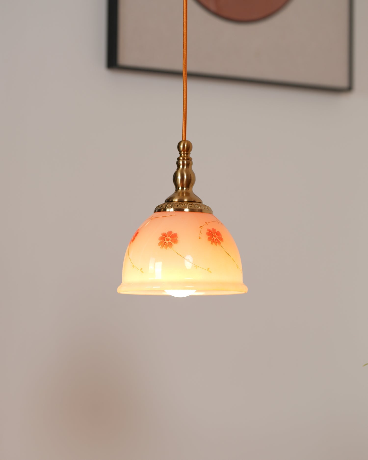 Pendant Lamp Brass and Glass Floral Pattern Dome Shade Vintage