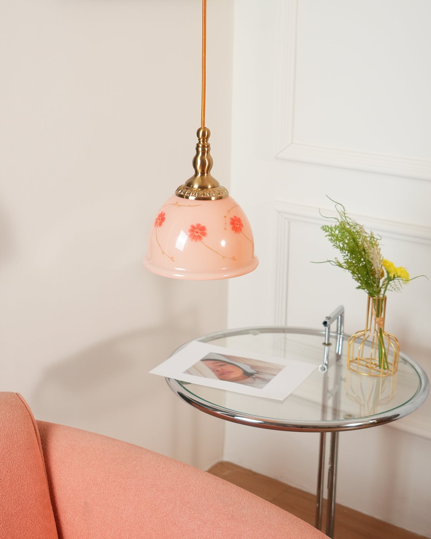 Pendant Lamp Brass and Glass Floral Pattern Dome Shade Vintage