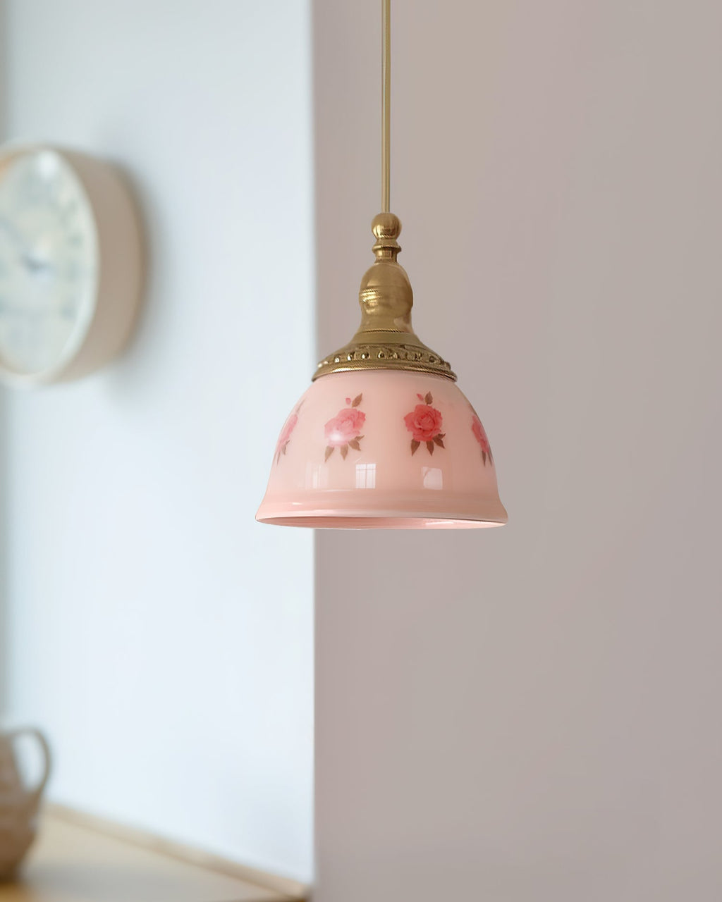 Pendant Lamp Brass and Glass Floral Pattern Dome Shade Vintage