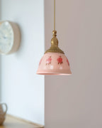 Pendant Lamp Brass and Glass Floral Pattern Dome Shade Vintage