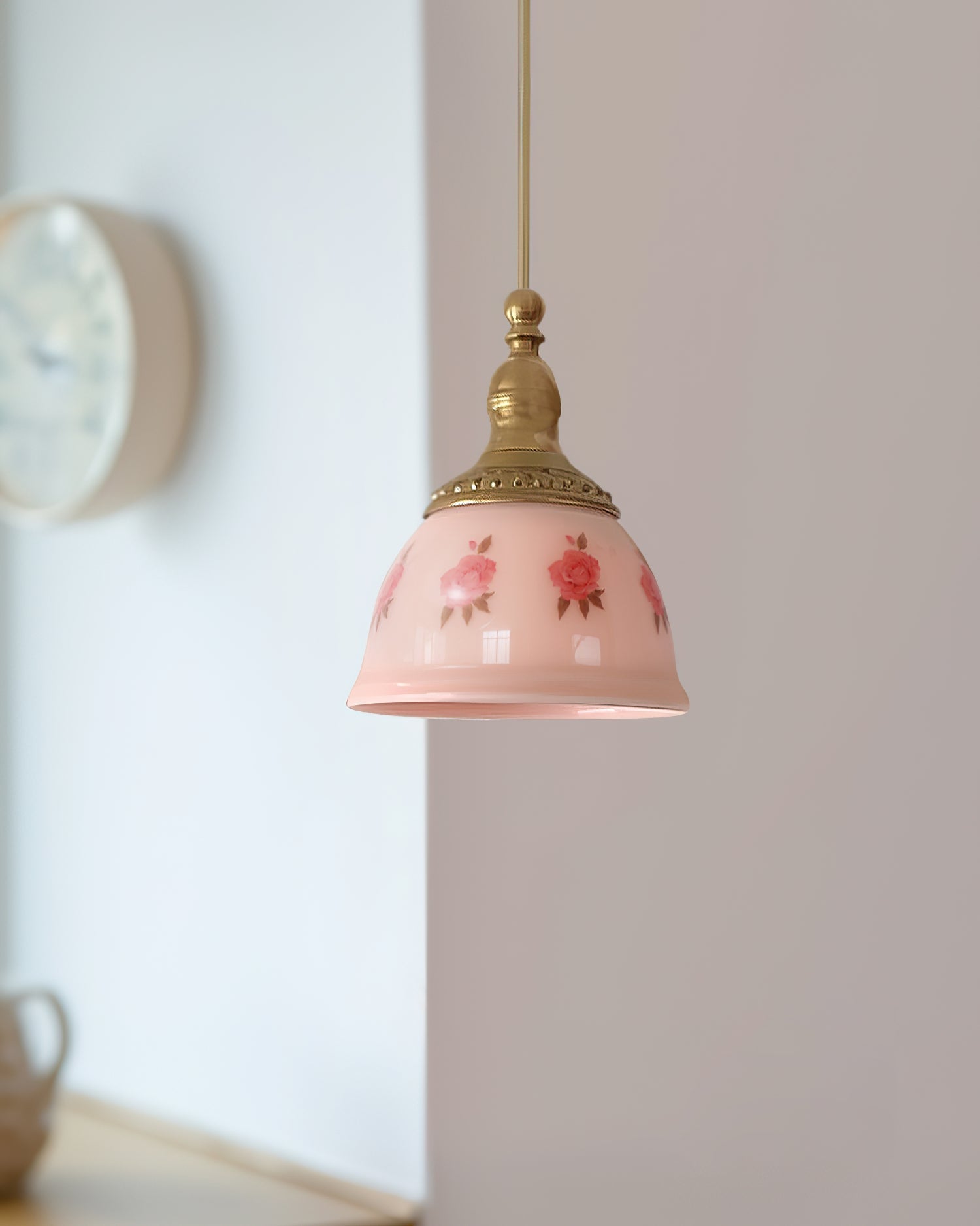 Pendant Lamp Brass and Glass Floral Pattern Dome Shade Vintage