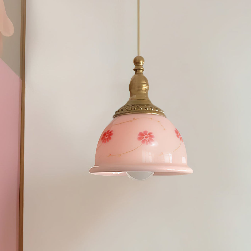 Pendant Lamp Brass and Glass Floral Pattern Dome Shade Vintage