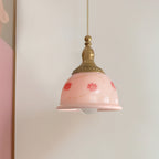 Pendant Lamp Brass and Glass Floral Pattern Dome Shade Vintage