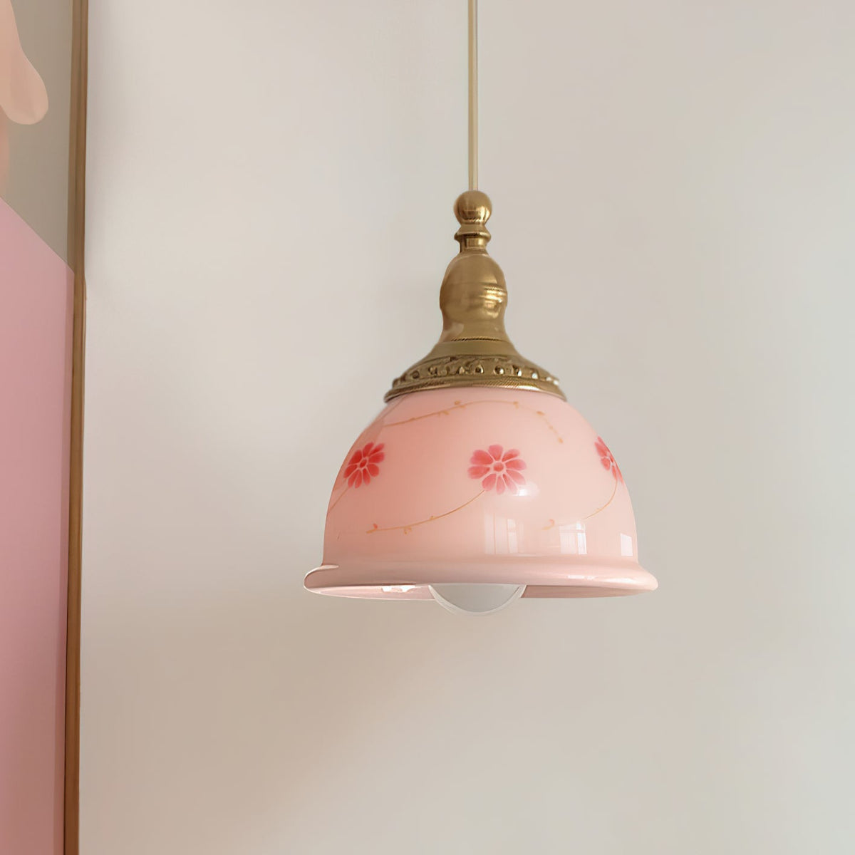 Pendant Lamp Brass and Glass Floral Pattern Dome Shade Vintage