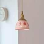 Pendant Lamp Brass and Glass Floral Pattern Dome Shade Vintage