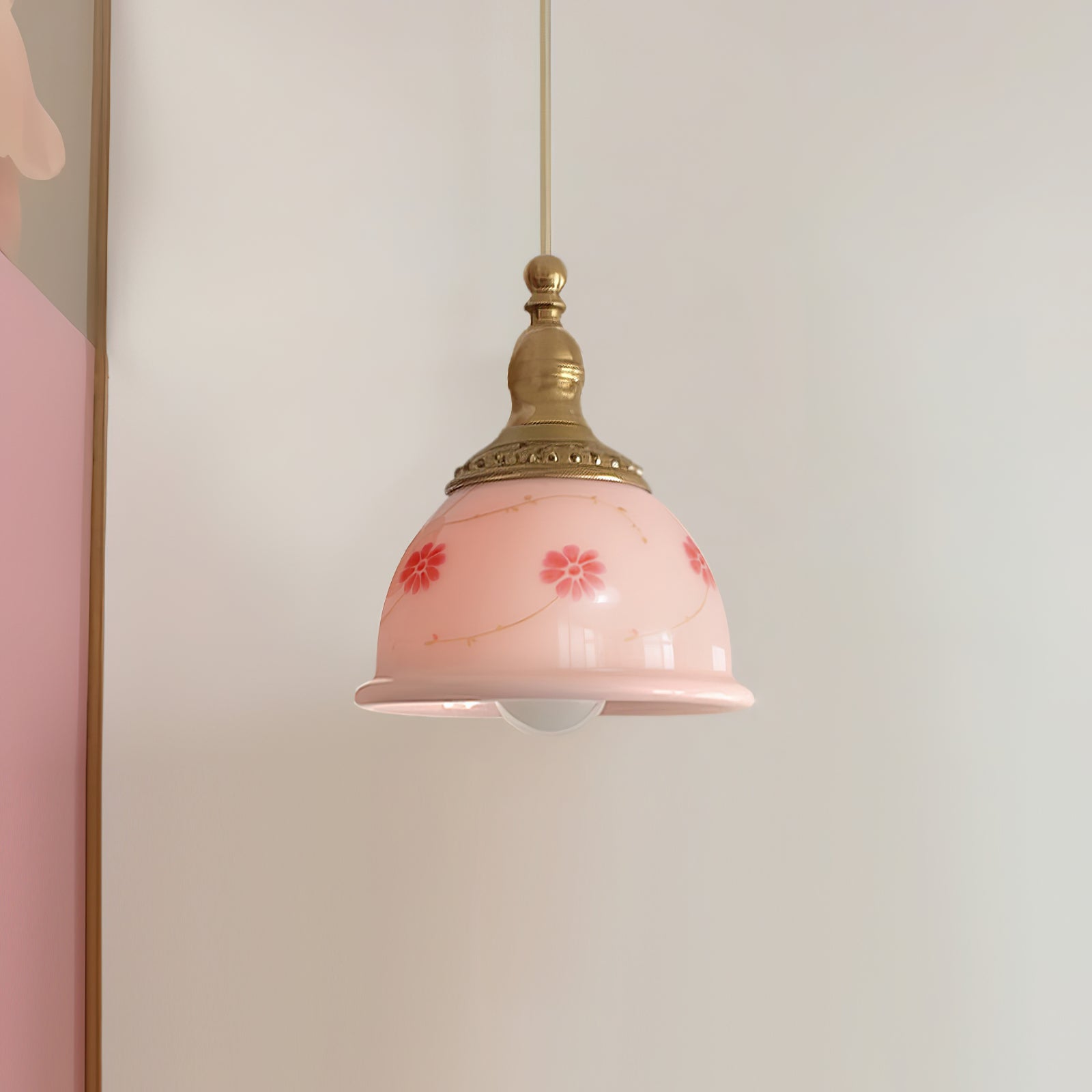 Pendant Lamp Brass and Glass Floral Pattern Dome Shade Vintage