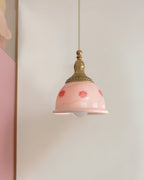 Pendant Lamp Brass and Glass Floral Pattern Dome Shade Vintage