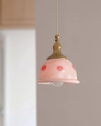 Pendant Lamp Brass and Glass Floral Pattern Dome Shade Vintage