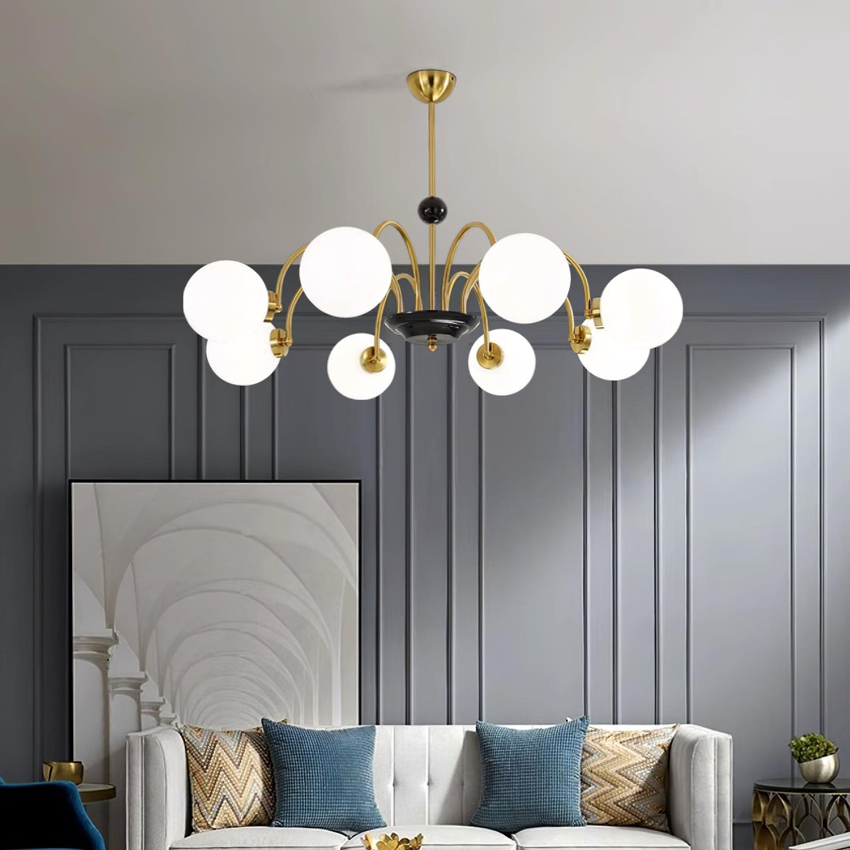 Chandelier Curved Arms Globe Shades Modern Retro Style Dining