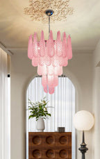 Aurora Chandelier Pink Droplet Murano Glass Diamond Pattern Waterfall
