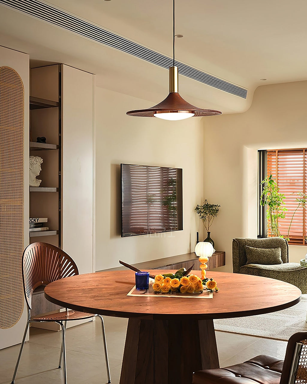 Pend­­ant Lamp Wood-Grain Disc LED Acrylic Midcentury