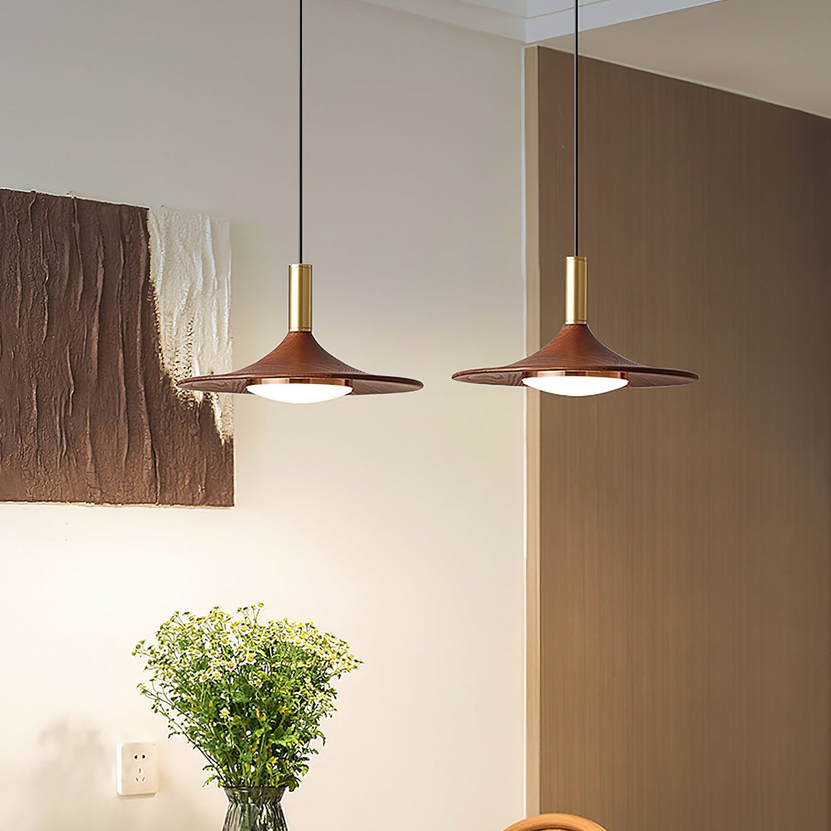 Pend­­ant Lamp Wood-Grain Disc LED Acrylic Midcentury