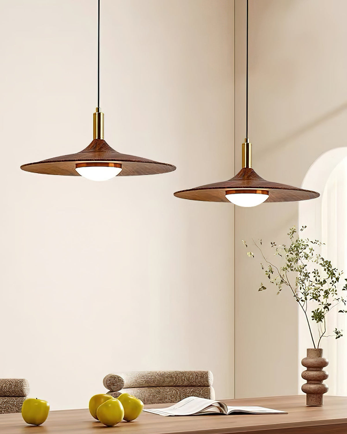 Pend­­ant Lamp Wood-Grain Disc LED Acrylic Midcentury