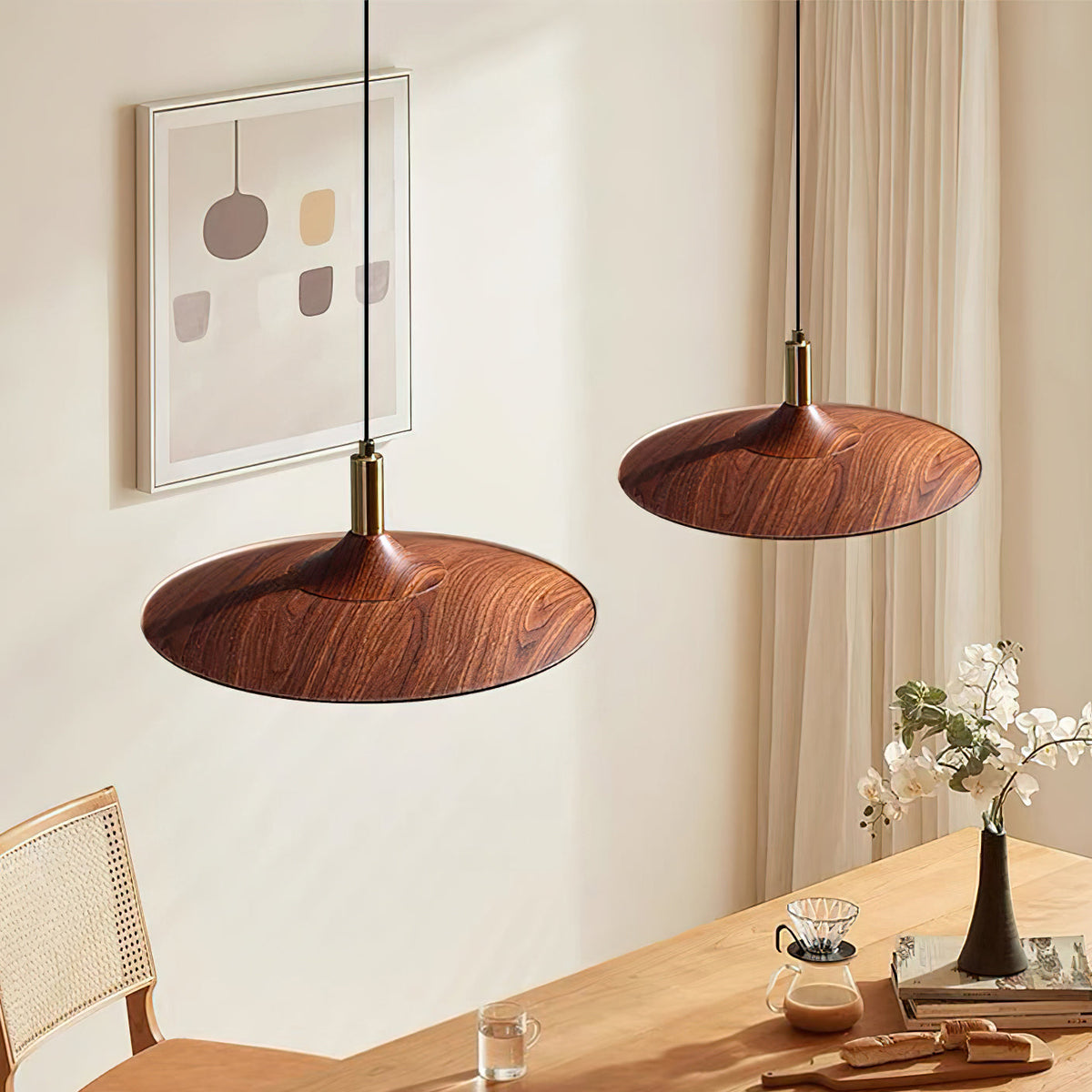 Pend­­ant Lamp Wood-Grain Disc LED Acrylic Midcentury