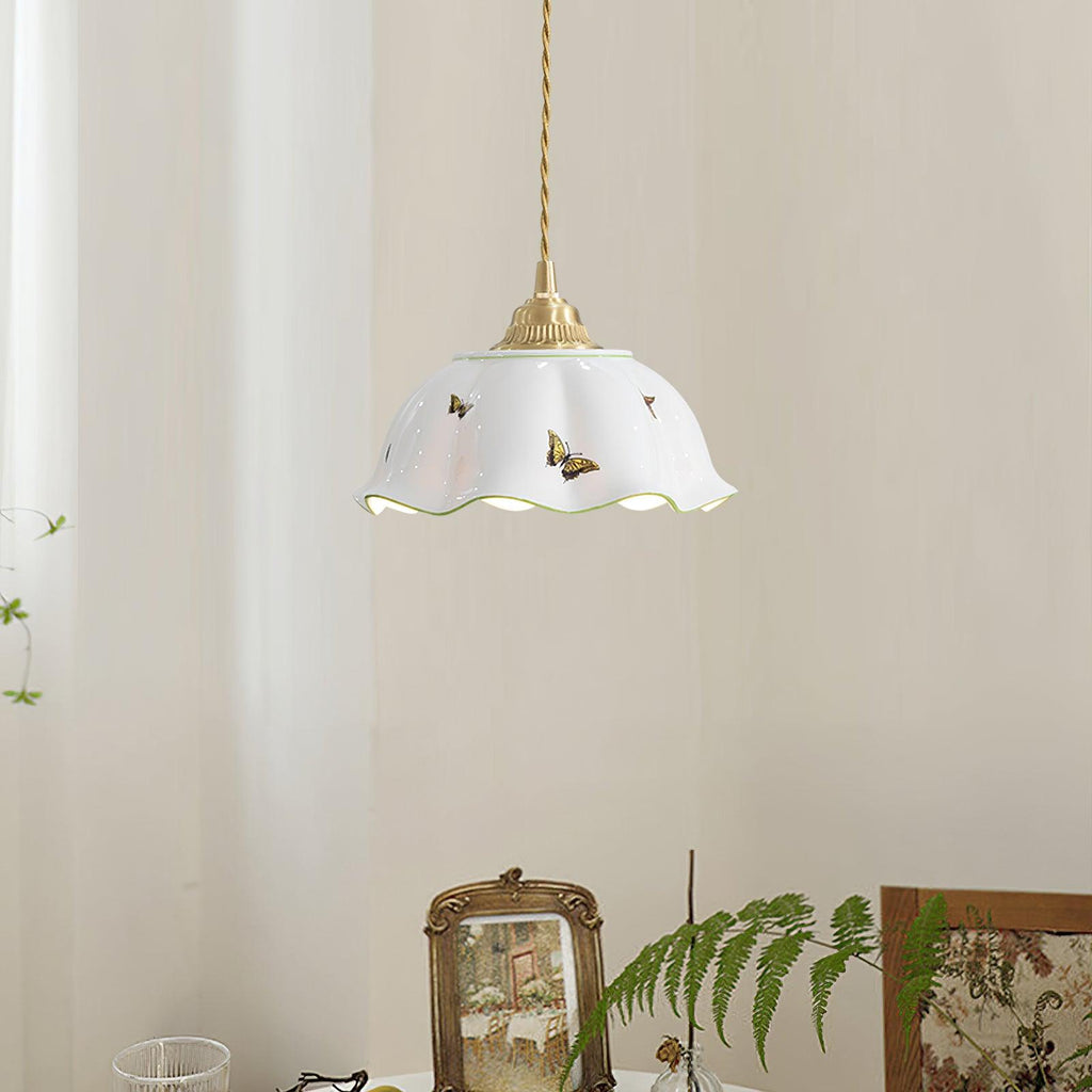 Pendant Lamp Ceramic Petal Shade Hand Painted Butterflies Vintage Charm