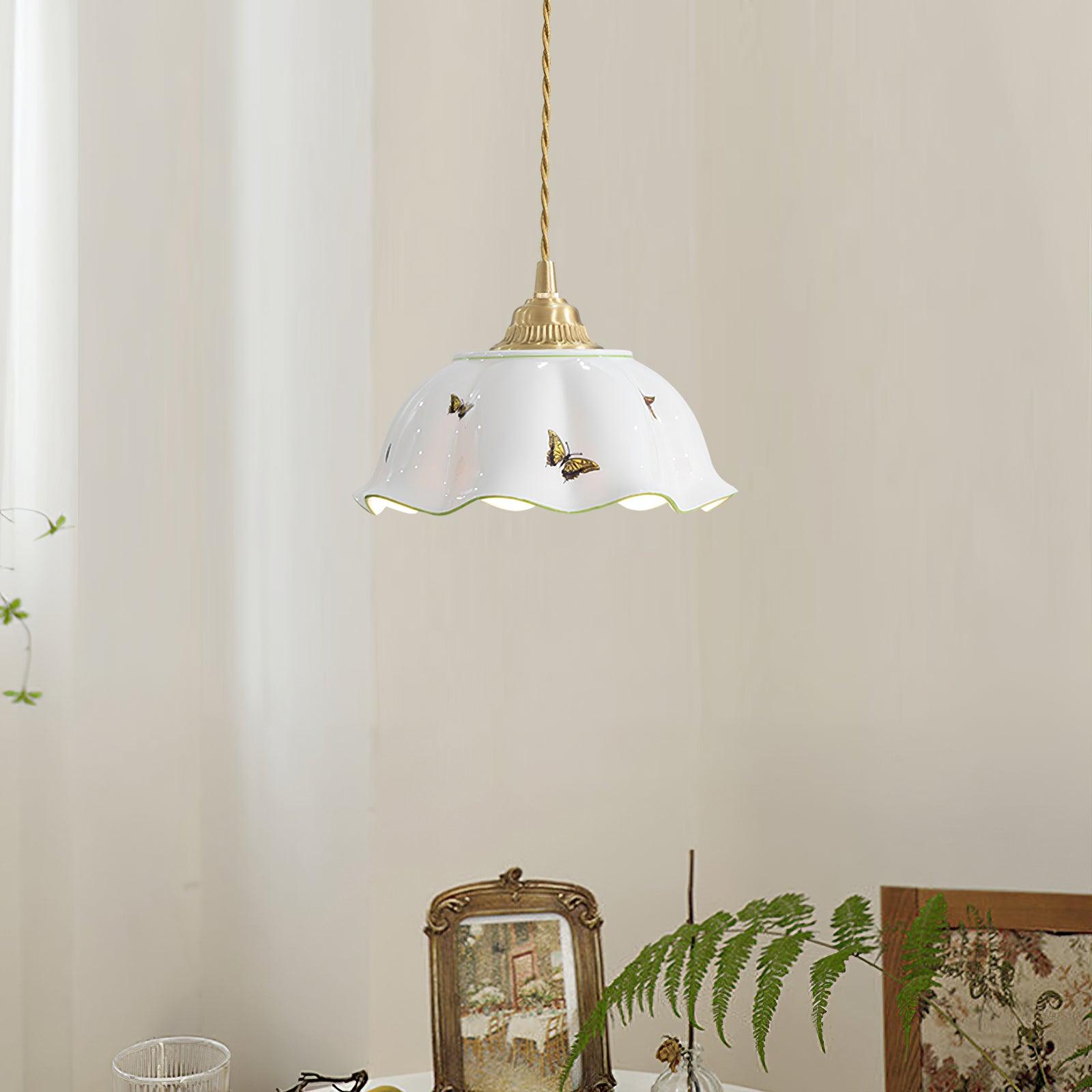 Pendant Lamp Ceramic Petal Shade Hand Painted Butterflies Vintage Charm