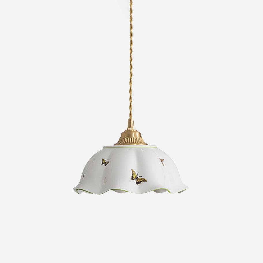 Pendant Lamp Ceramic Petal Shade Hand Painted Butterflies Vintage Charm