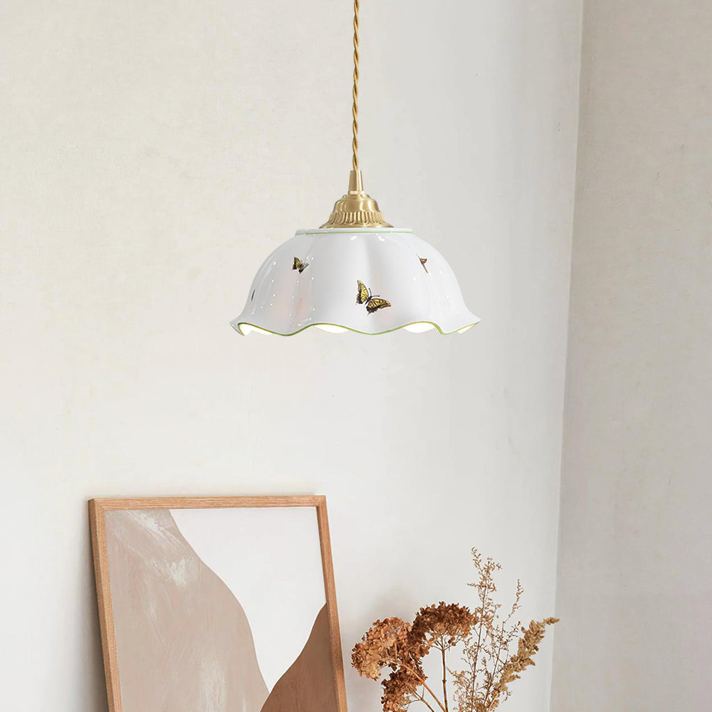 Pendant Lamp Ceramic Petal Shade Hand Painted Butterflies Vintage Charm