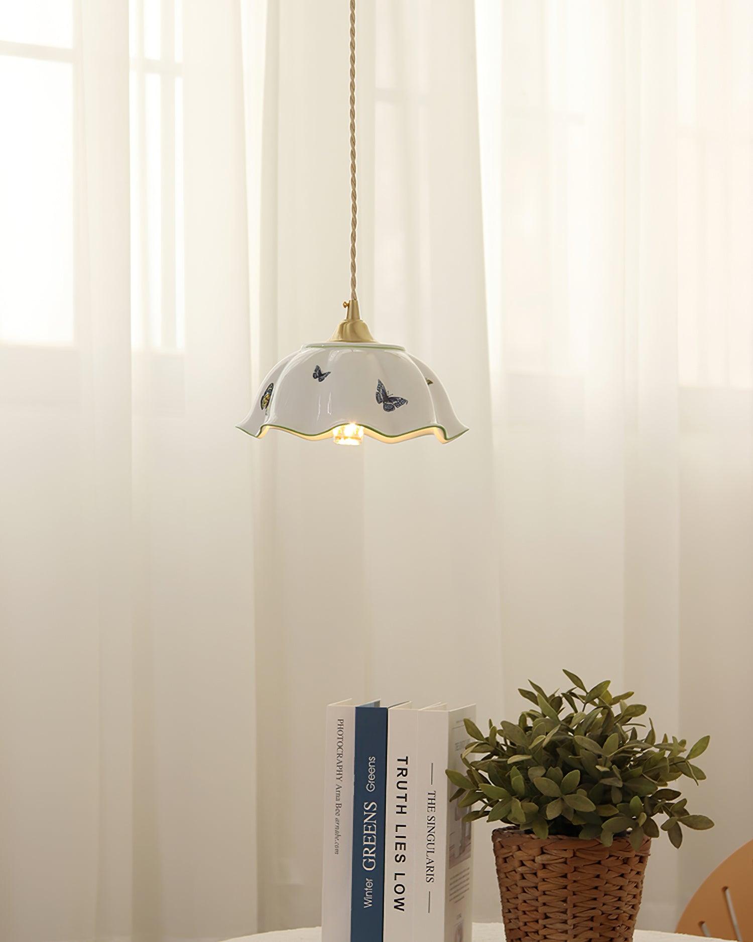 Pendant Lamp Ceramic Petal Shade Hand Painted Butterflies Vintage Charm