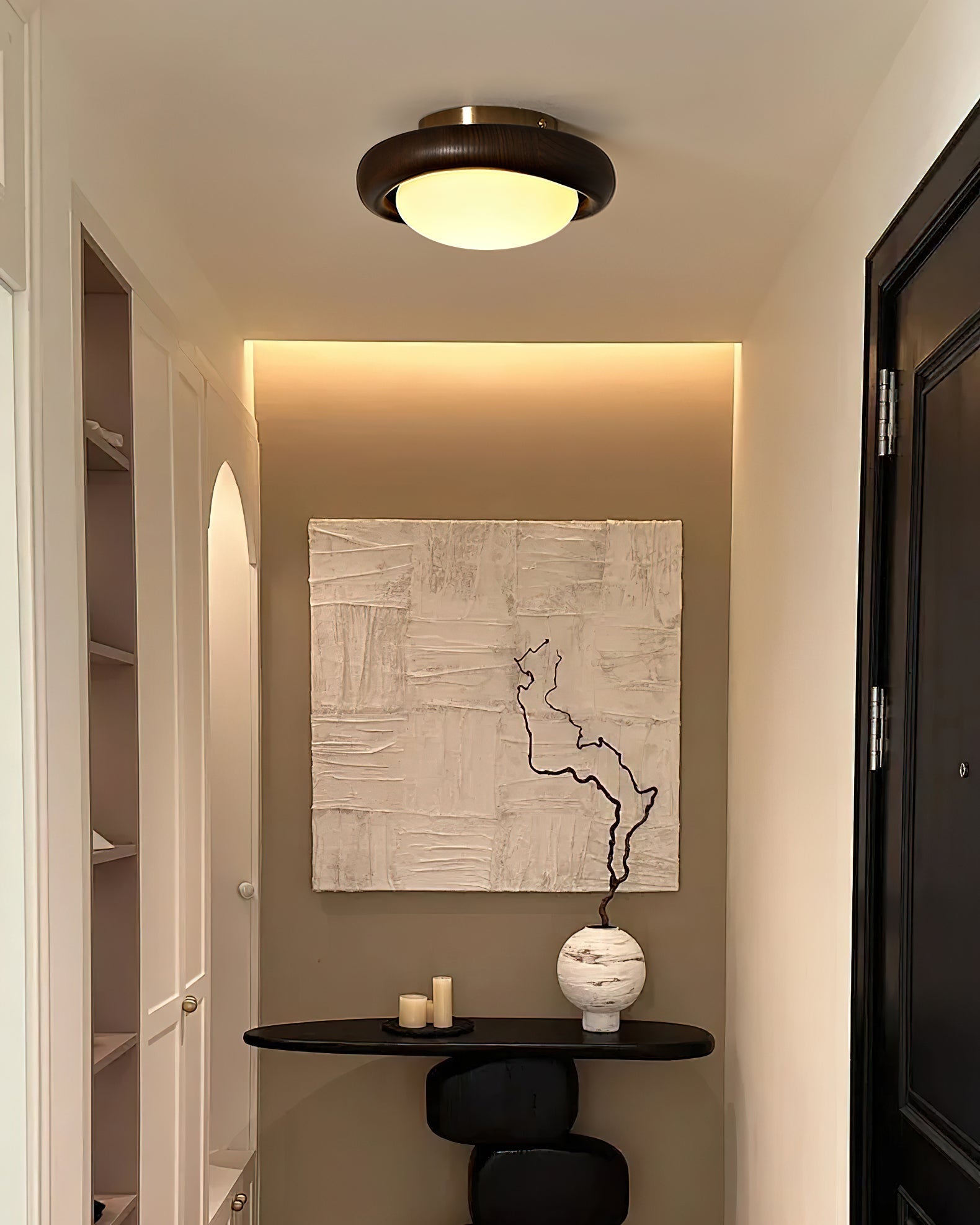 Novi Ceiling Lamp Wooden Ring With Frosted Globe