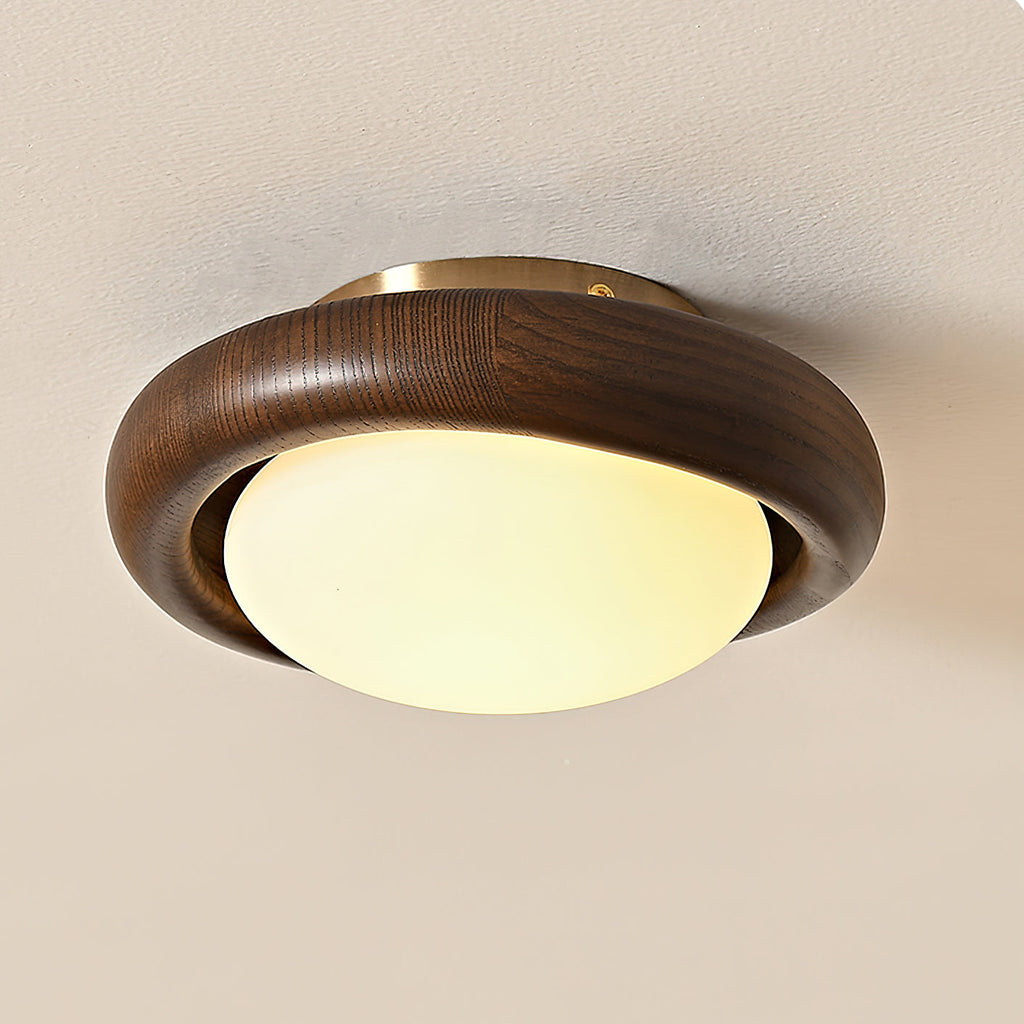 Novi Ceiling Lamp Wooden Ring With Frosted Globe