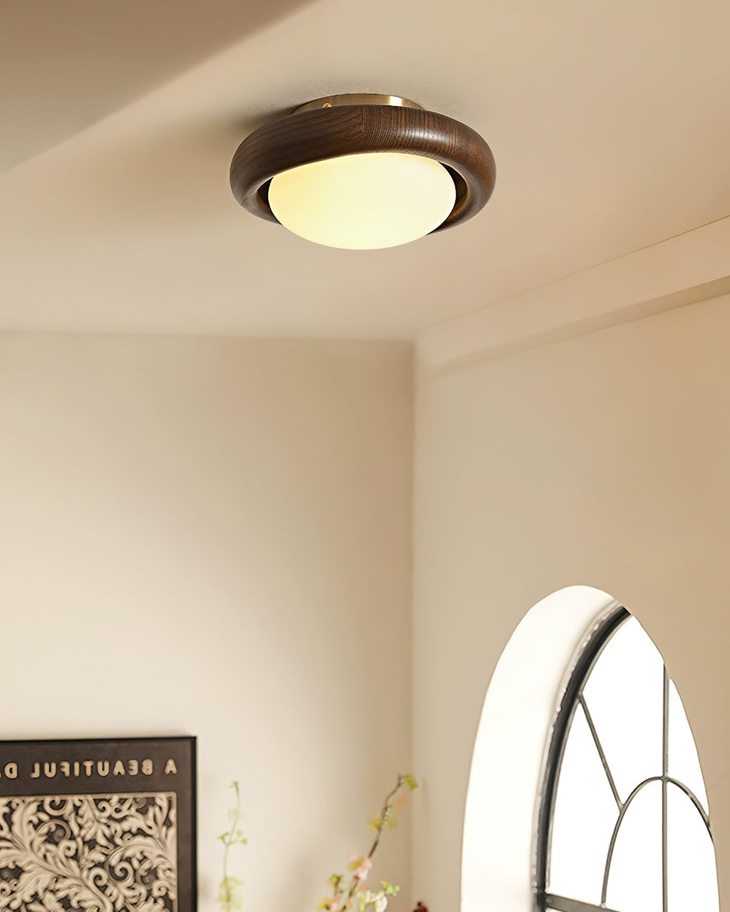 Novi Ceiling Lamp Wooden Ring With Frosted Globe