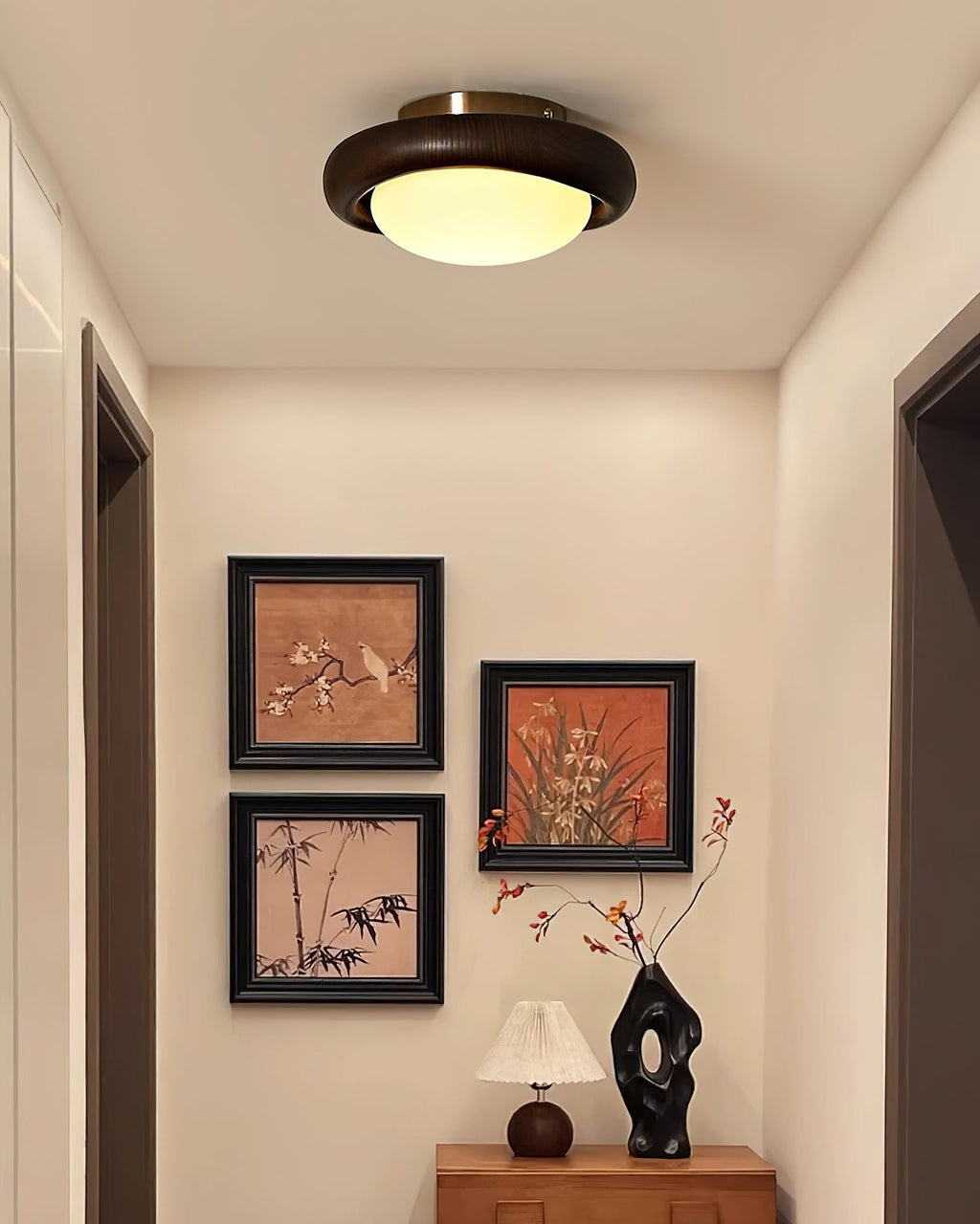 Novi Ceiling Lamp Wooden Ring With Frosted Globe