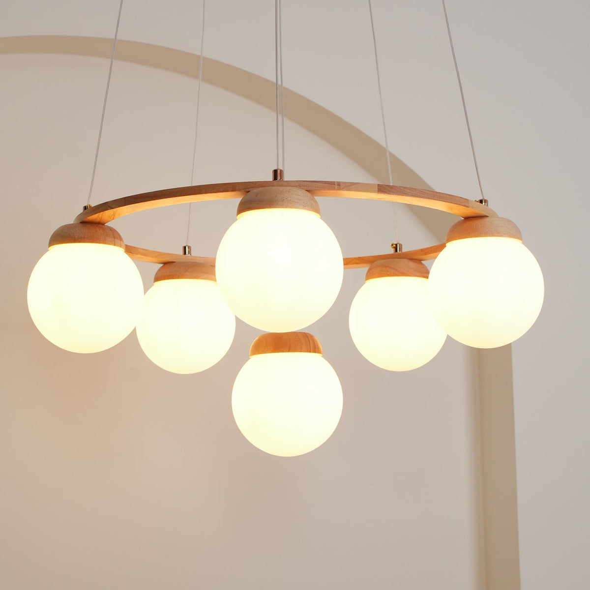 Lustra Chandelier Wood Ring Opal Glass Globes