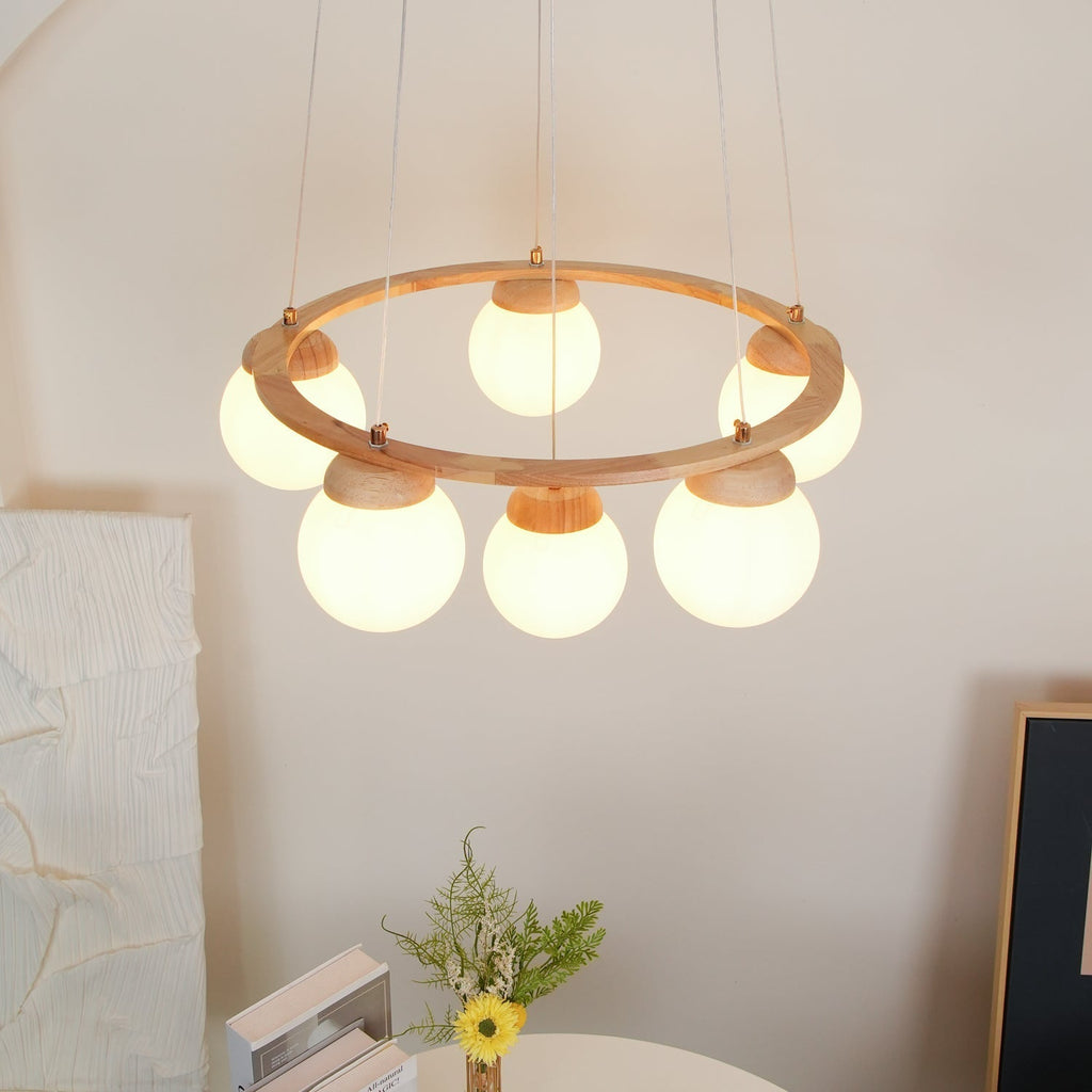 Lustra Chandelier Wood Ring Opal Glass Globes