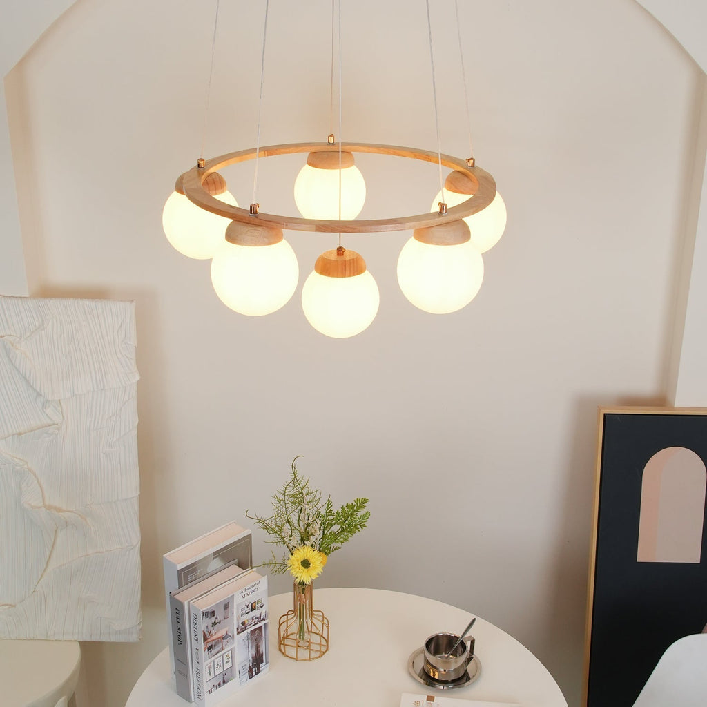Lustra Chandelier Wood Ring Opal Glass Globes
