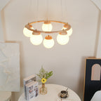 Lustra Chandelier Wood Ring Opal Glass Globes