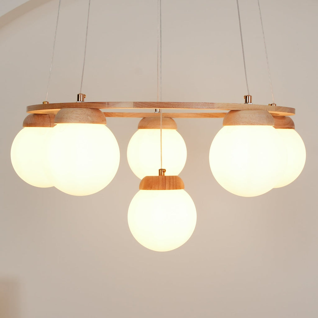 Lustra Chandelier Wood Ring Opal Glass Globes