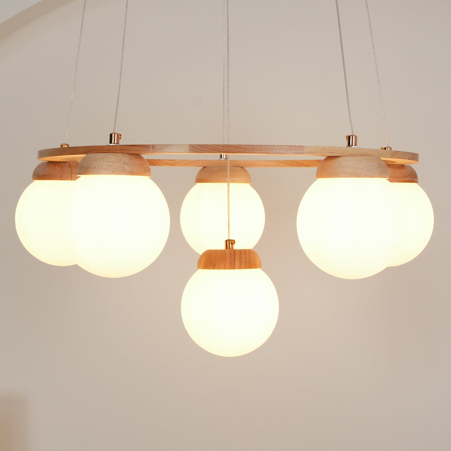Lustra Chandelier Wood Ring Opal Glass Globes