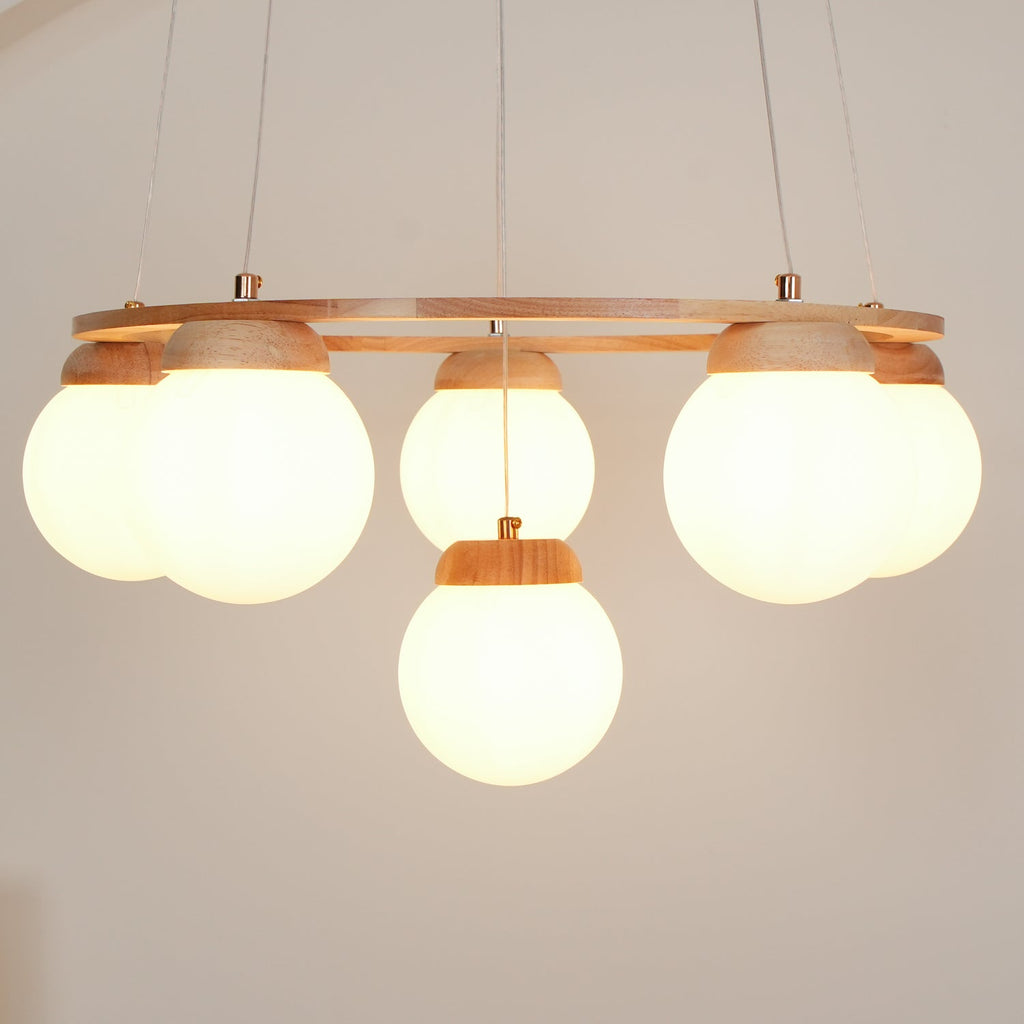 Lustra Chandelier Wood Ring Opal Glass Globes