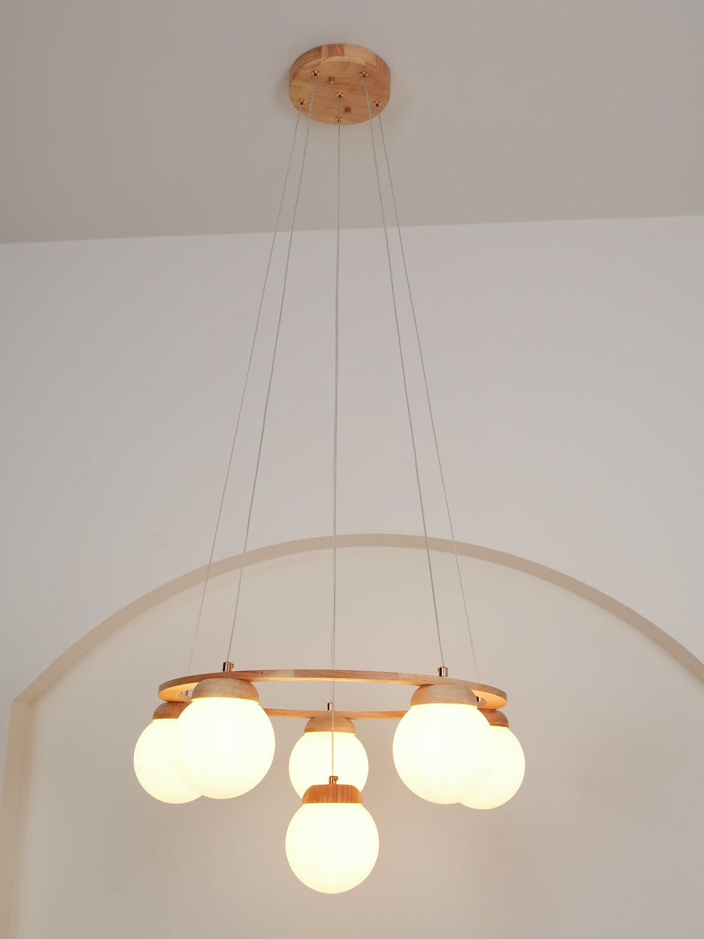 Lustra Chandelier Wood Ring Opal Glass Globes