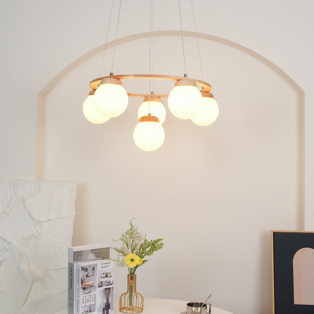 Lustra Chandelier Wood Ring Opal Glass Globes