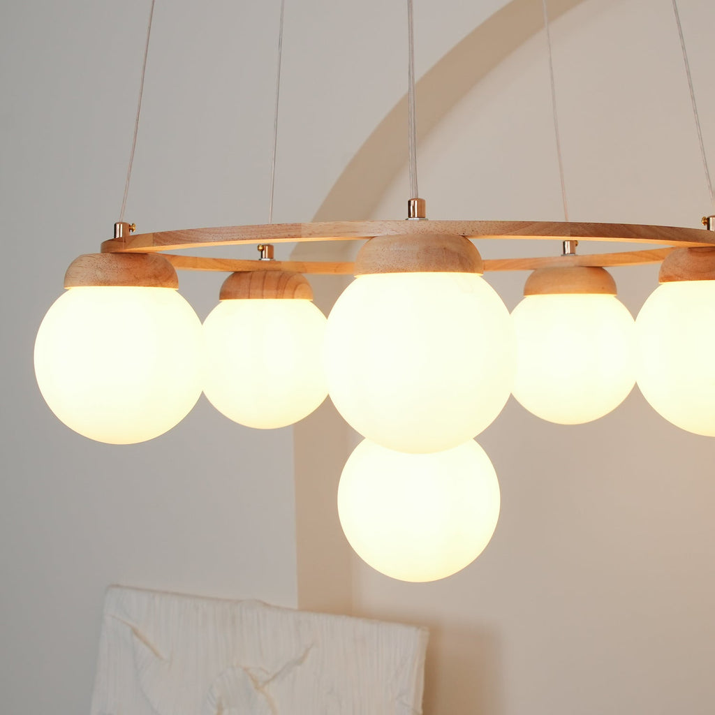 Lustra Chandelier Wood Ring Opal Glass Globes