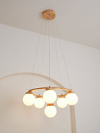 Lustra Chandelier Wood Ring Opal Glass Globes