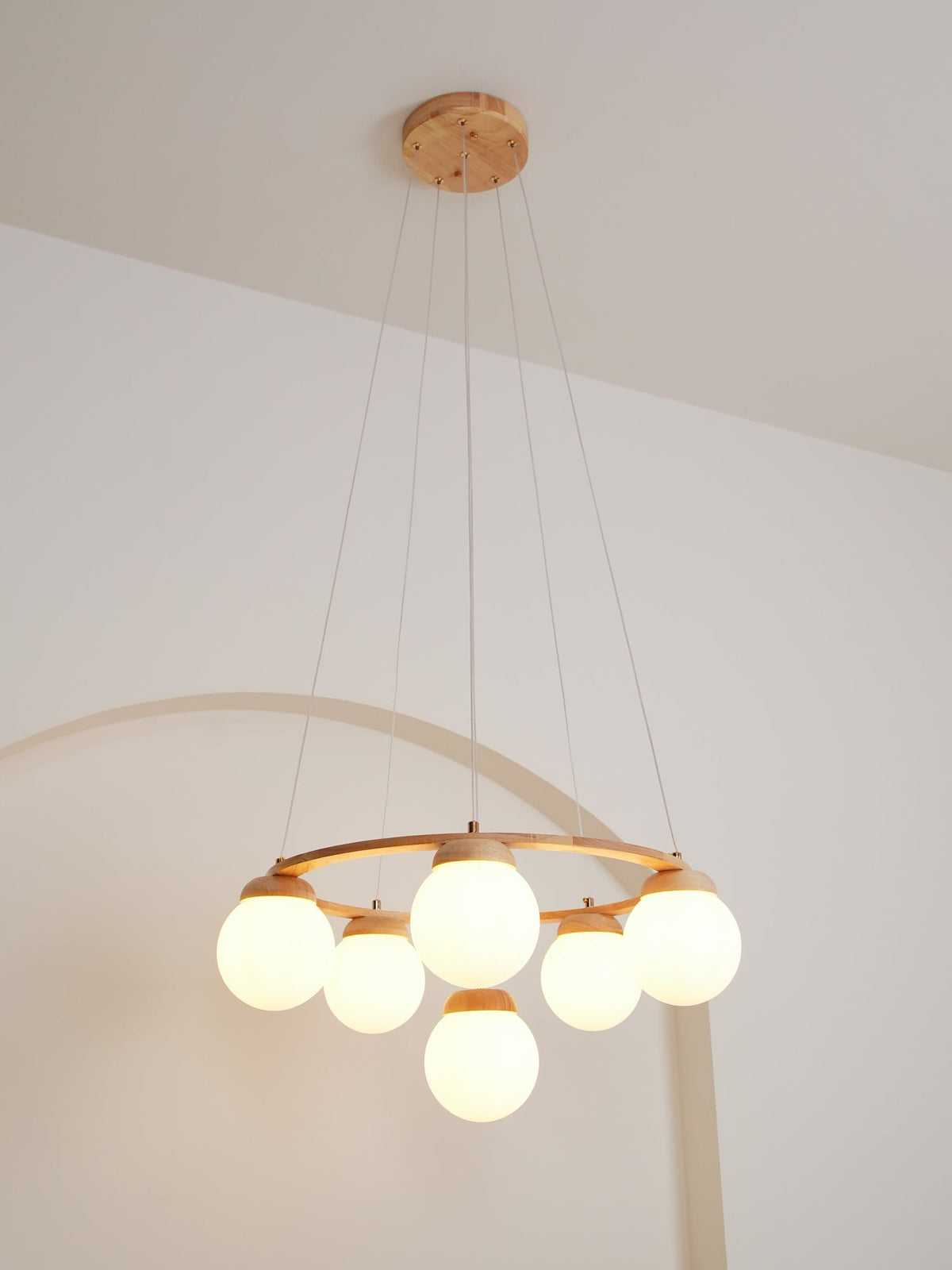 Lustra Chandelier Wood Ring Opal Glass Globes